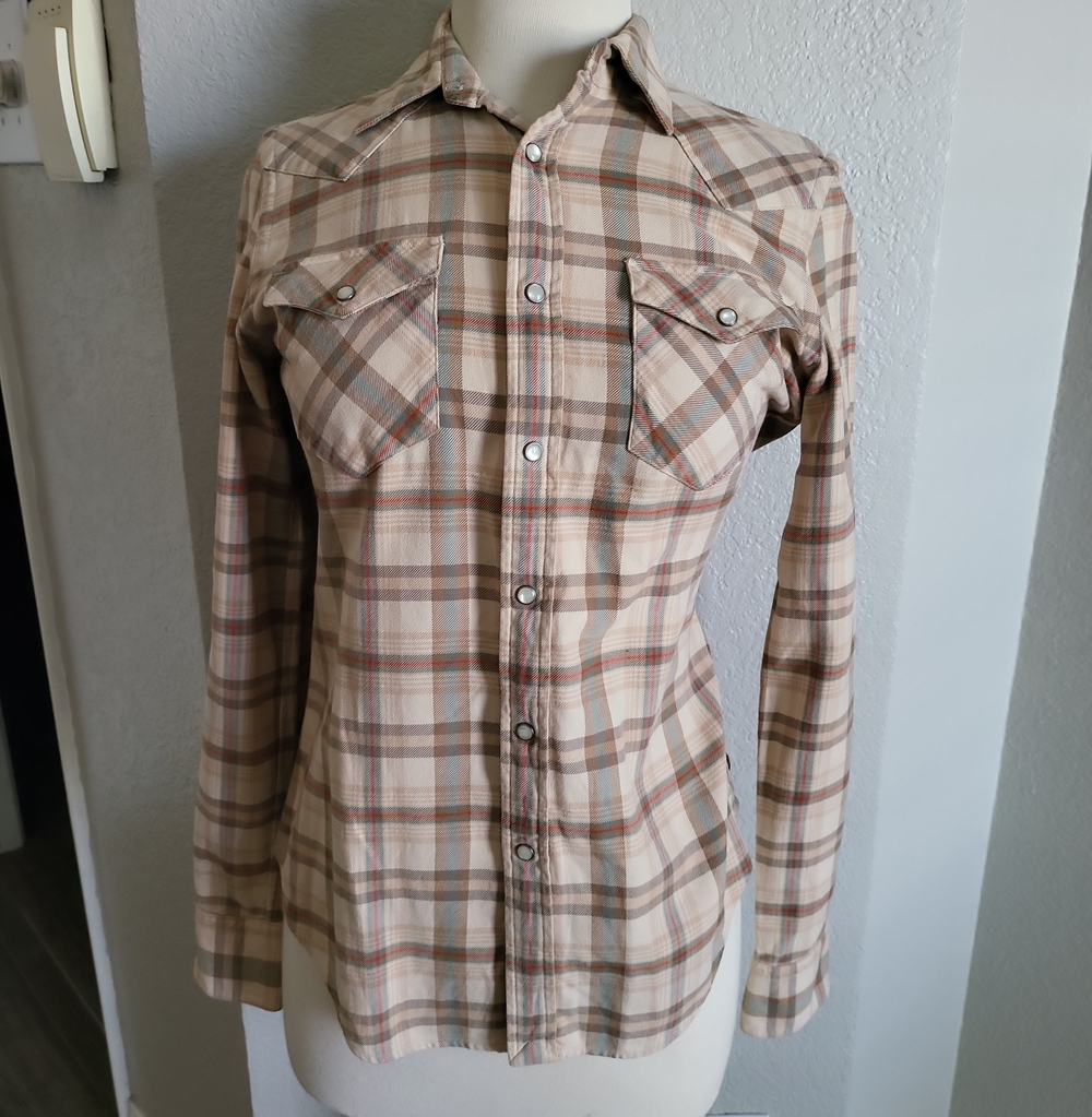 Ralph Lauren Womens Beige Plaid Long-Sleeve Button-Down Shirt Sz 4